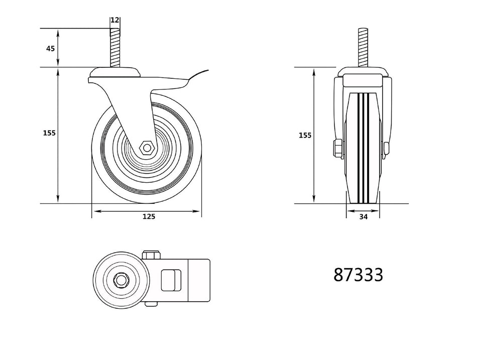 Roata pivotanta cu filet si frana 125/37.5mm Vorel...