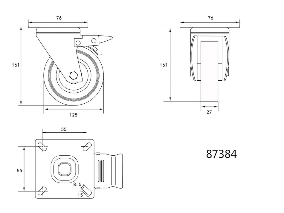 Roata pivotanta Vorel de 125mm cu cauciuc gri si frana