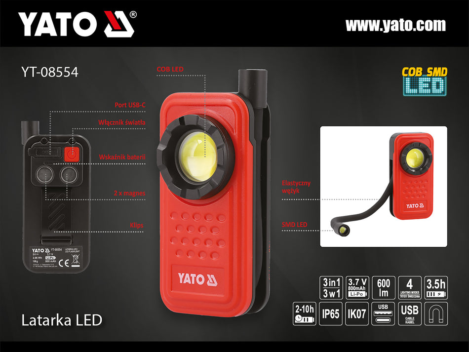 Lampa de lucru Yato 600lm 3 in 1 YATO YT-08554