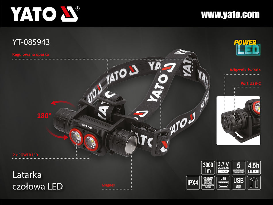 Lampa frontala cu acumulator Yato 3000lm YATO YT-085943