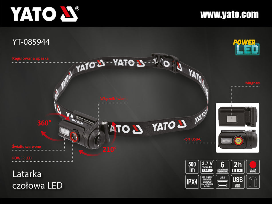 Lampa frontala cu acumulator Yato 500lm YATO YT-085944