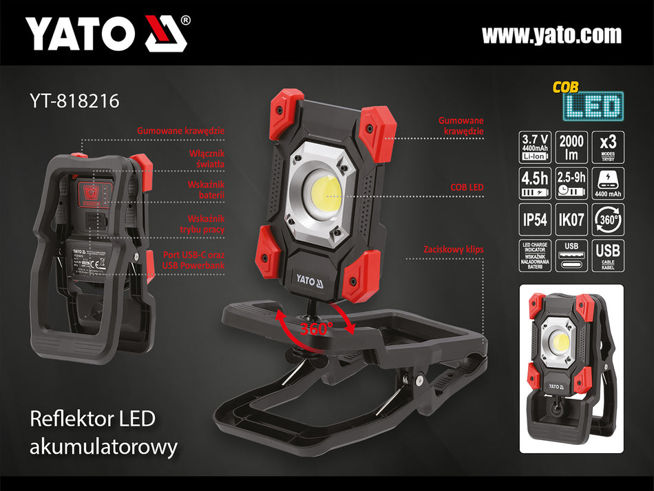 Reflector portabil Yato 20W 2000lm cu clema YATO...