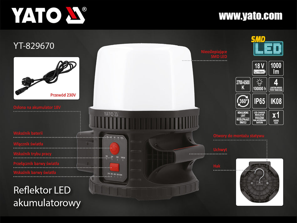 Reflector Yato 18v 10000lm 360 grade ik08 YATO YT-829670